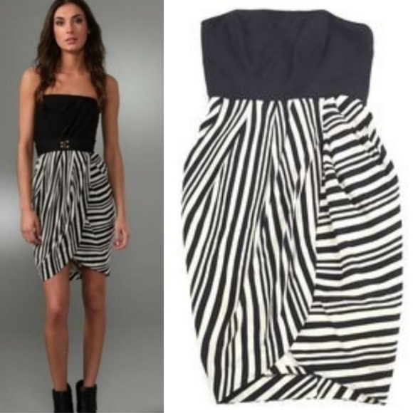 Shoshanna Strapless Draped Tulip Striped Black/White Mini Cocktail Dress Size 6 - Picture 1 of 12